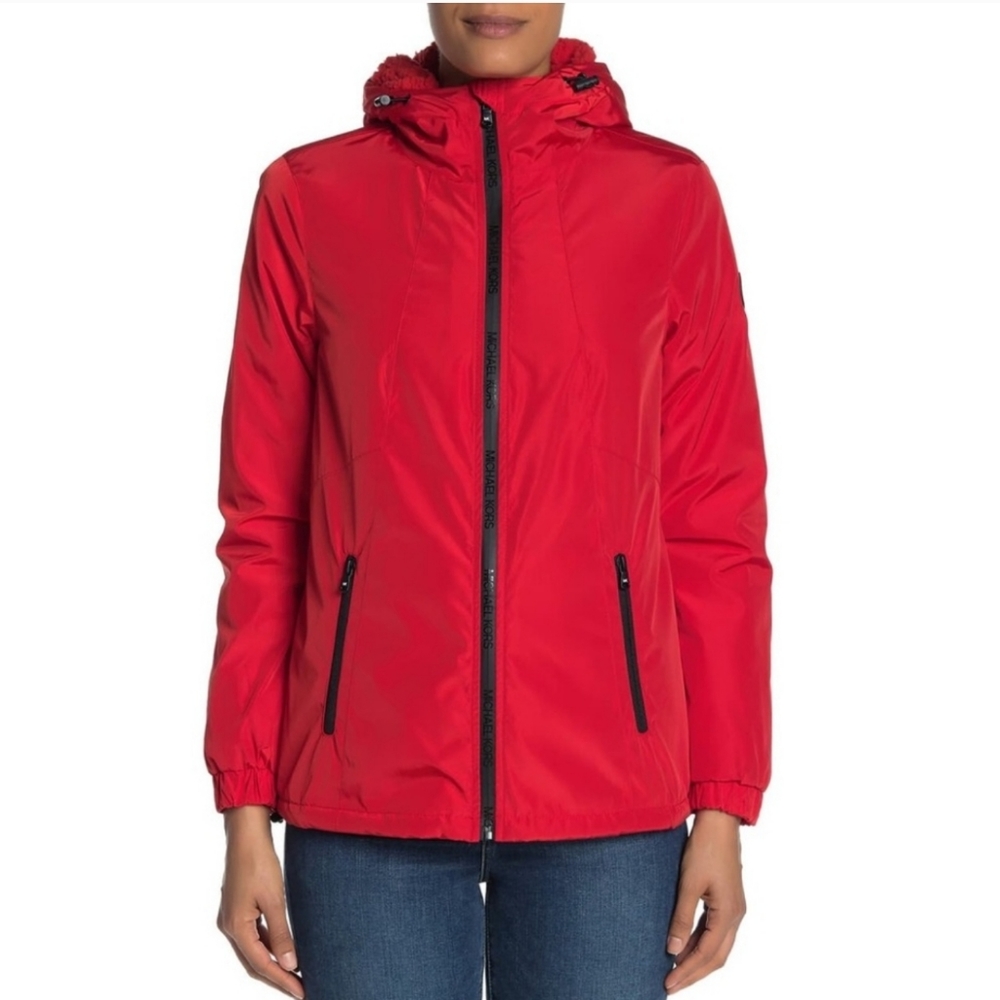 Michael Kors Red faux shearling lined hooded coat in a size Large